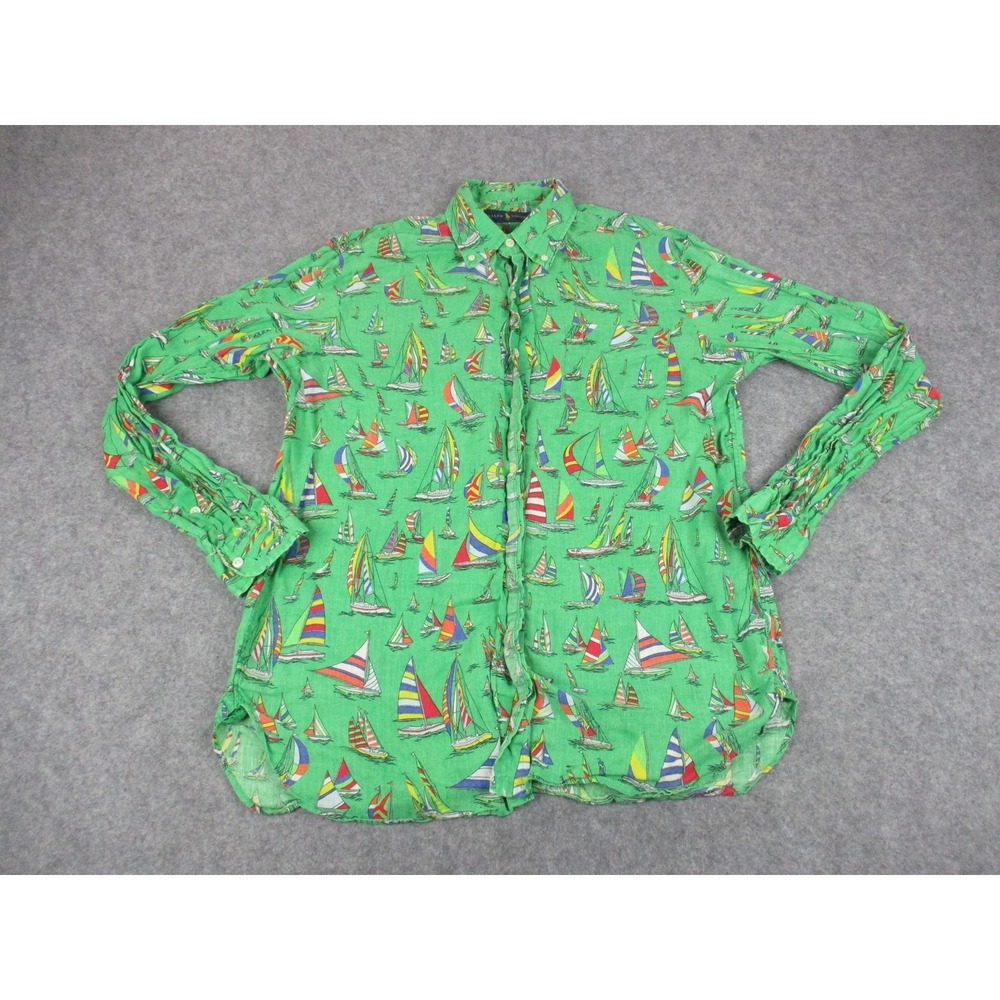 Ralph Lauren Shirt Mens Medium Green Linen Sailboat Nautical Button Down Casual